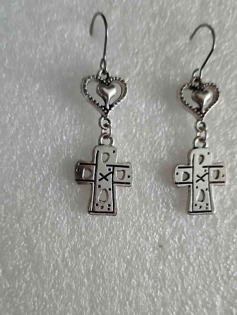 Hand Crafted Silver Heart & Cross Dangle Earrings